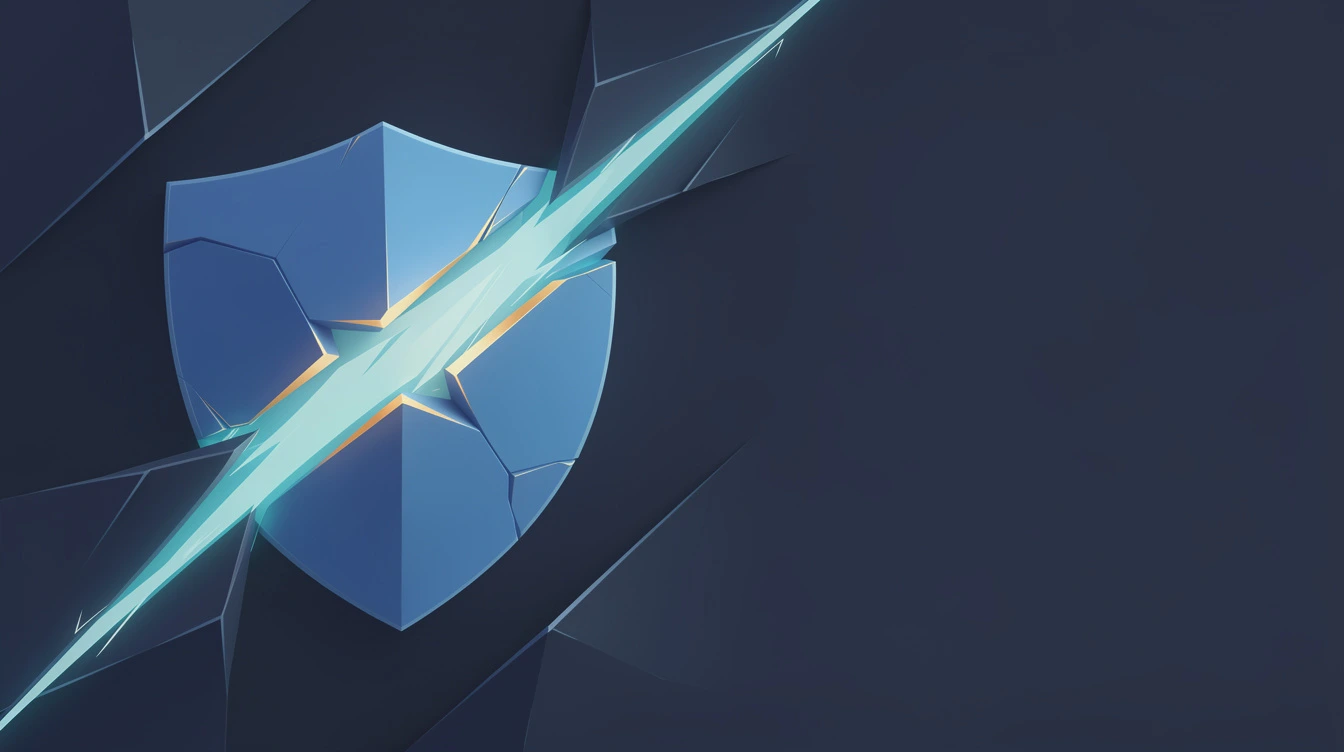 Abstraktes Schild-Symbol mit versiegelter Bruchlinie in Cyan und Amber auf Navy – Symbolbild für die Sicherheitslücke CVE-2026-48356