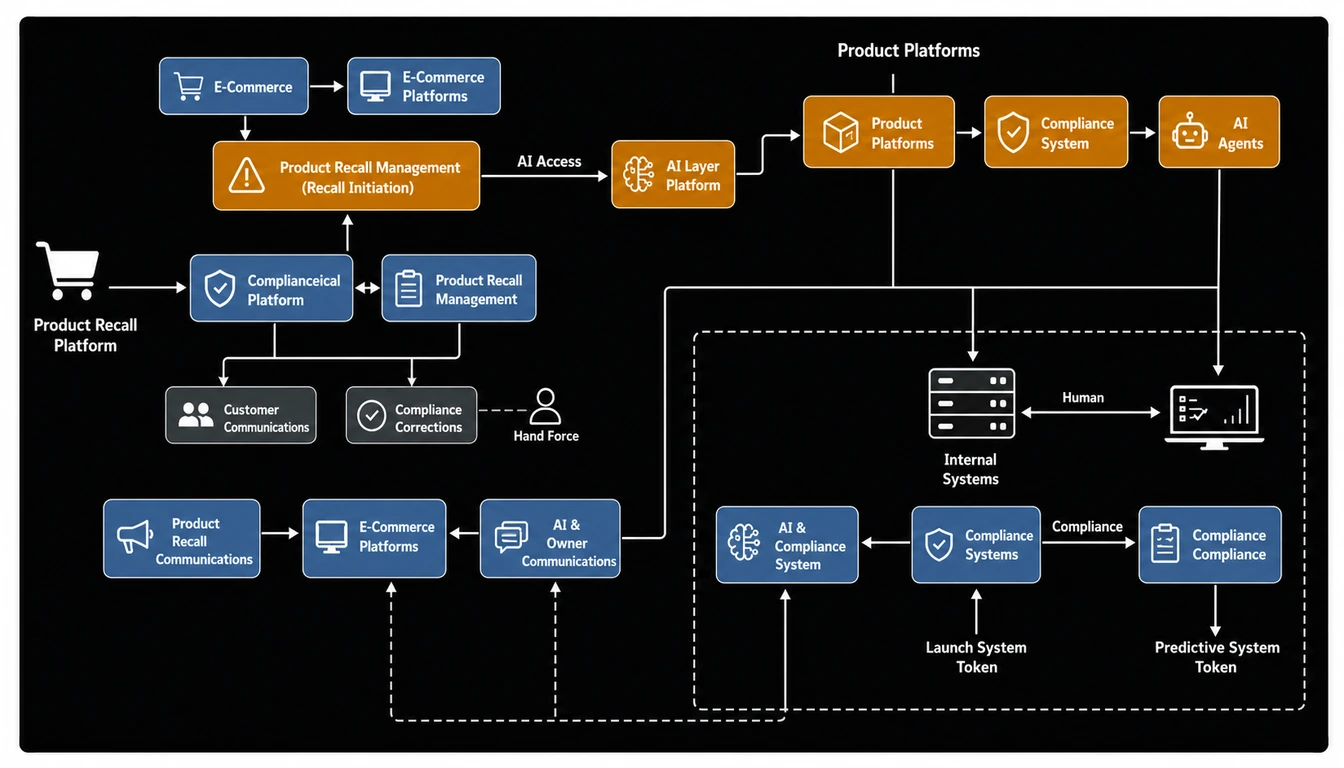 System-Diagramm: Rückrufmanagement-Integration zwischen E-Commerce-Plattformen, KI-Agenten und Compliance-Systemen