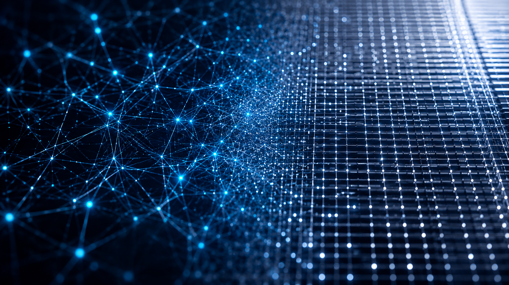 Split-Komposition: links ein dichtes Netzwerk aus Crawler- und API-Knoten, rechts ein strukturiertes Datenraster, in Navy und Cyan