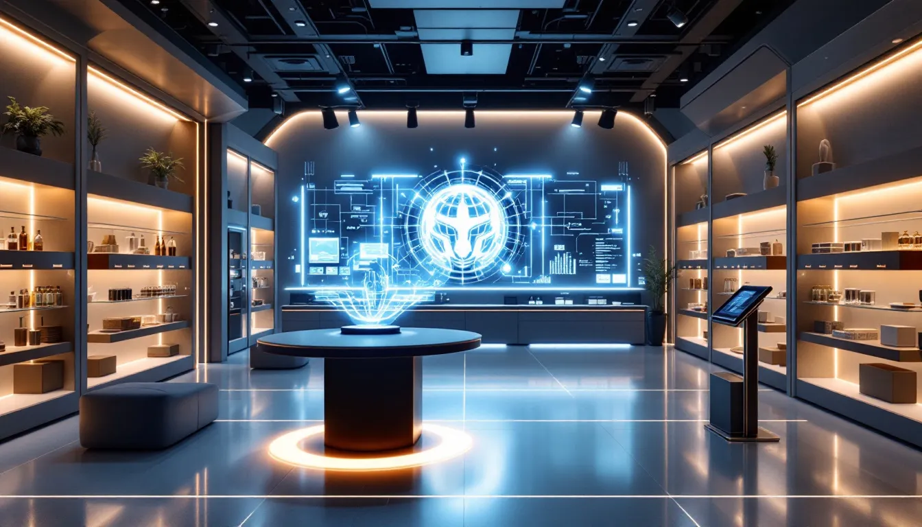 Futuristische Einzelhandelsfläche mit autonomem KI-Management-System