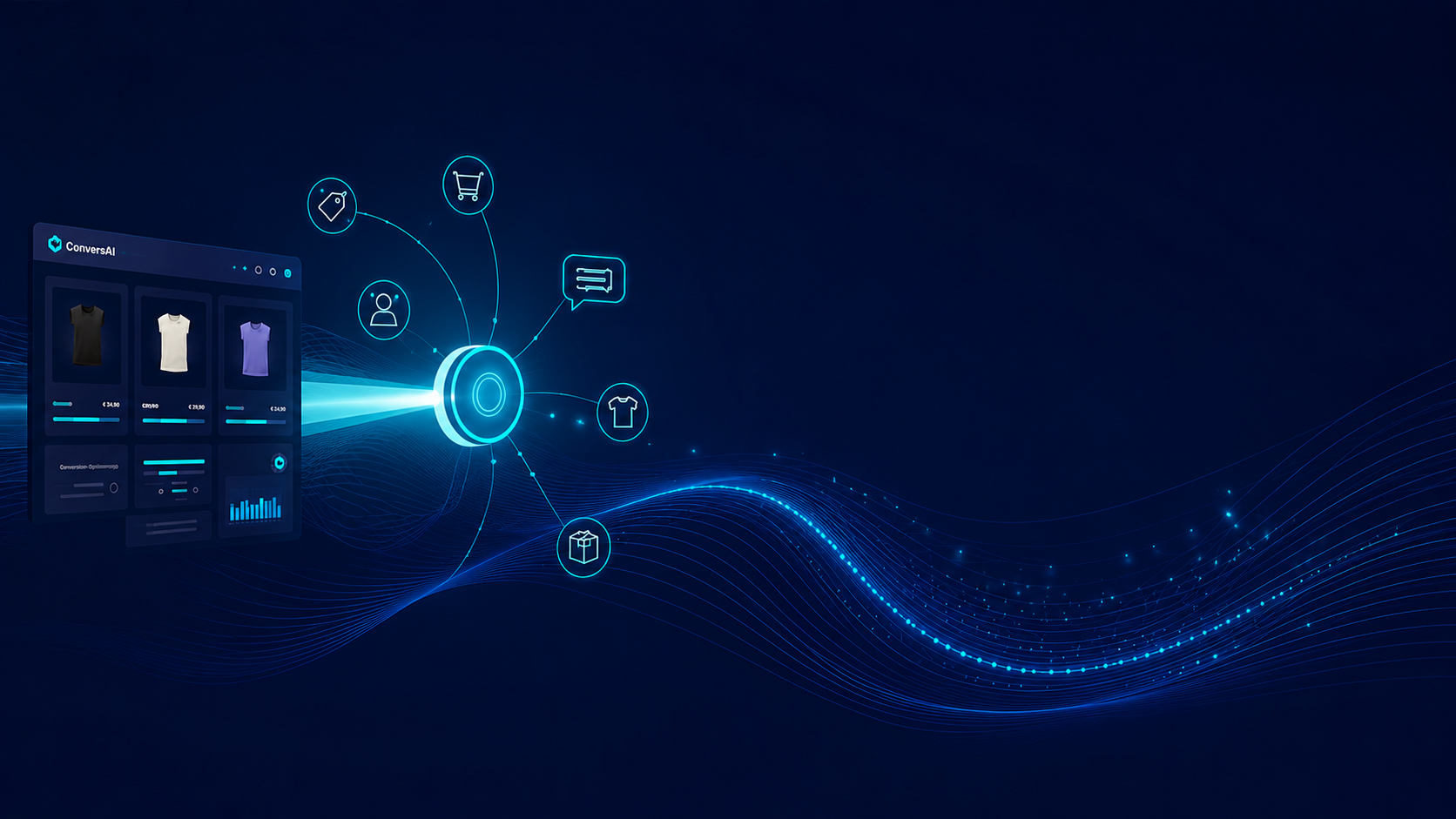 Sprachwellen und Chat-Nachrichten fließen durch einen KI-Knoten in ein Shop-Interface, in Navy und Cyan
