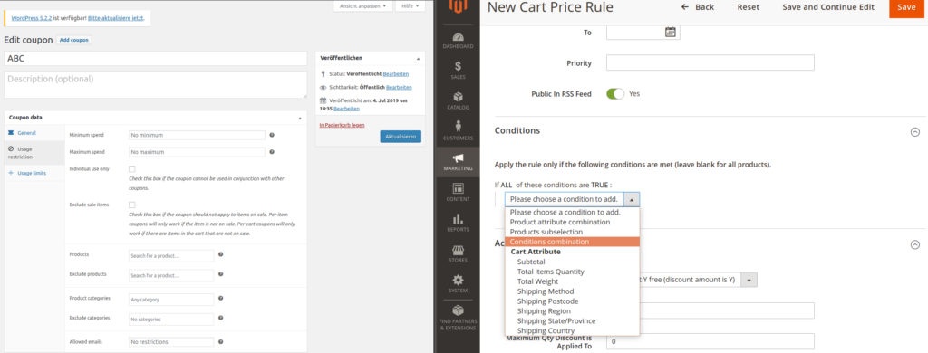 Coupon Codes in WooCommerce und Cart Price Rules in Magento