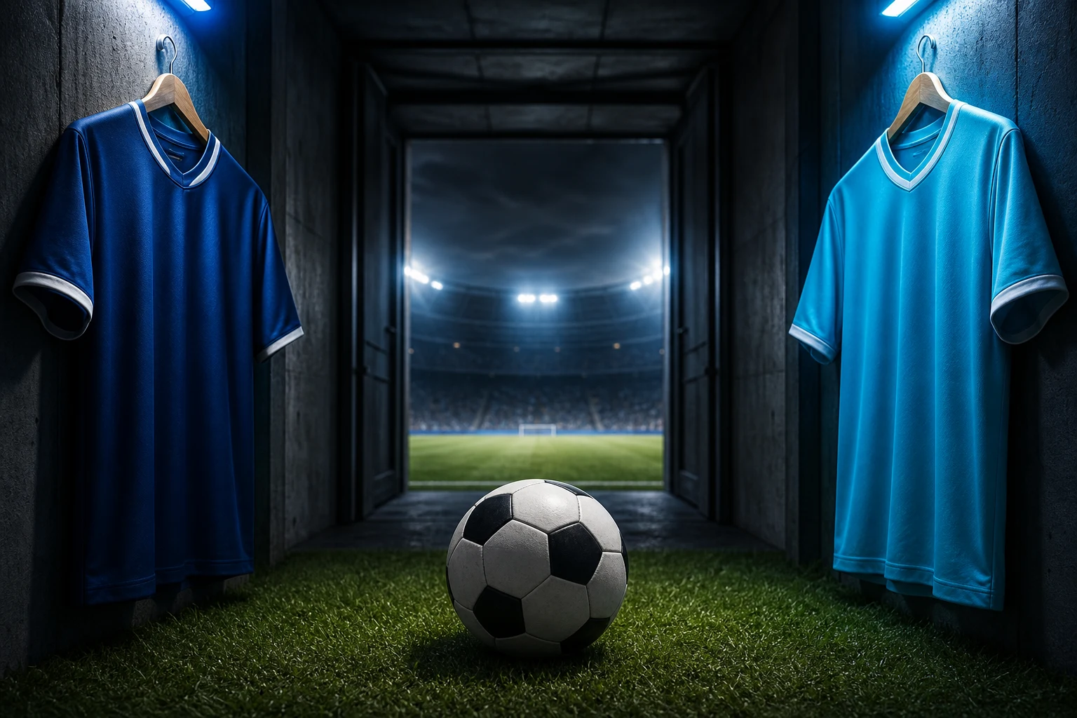 Abstrakte Komposition zweier kollidierender Energiefelder als Sinnbild für das Marketing-Duell zweier Sportmarken zur WM, in den Wamoco-Farben Navy und Cyan