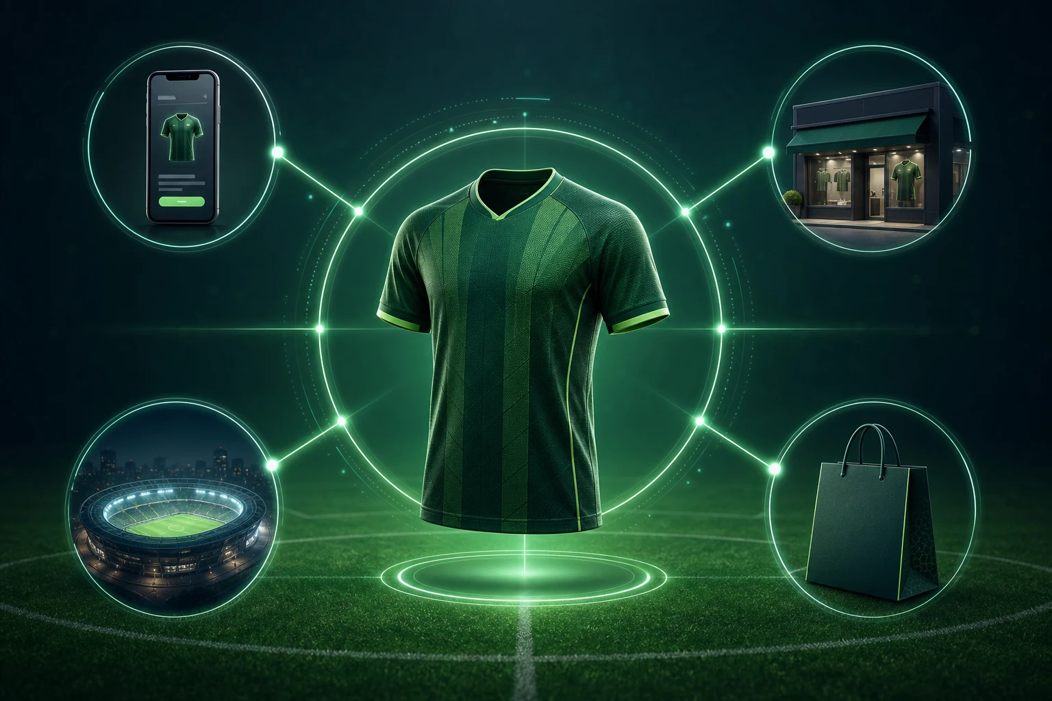 Abstrakte Omnichannel-Visualisierung mit Knotenpunkten, die Online- und Offline-Touchpoints verbinden, in Navy und Cyan