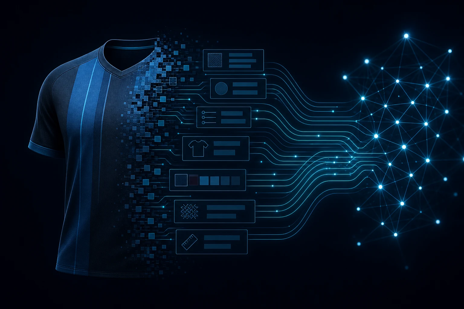 Abstrakte Komposition strukturierter Produktdaten, die durch klare Kanäle zu leuchtenden KI-Knoten fließen, in Navy und Cyan