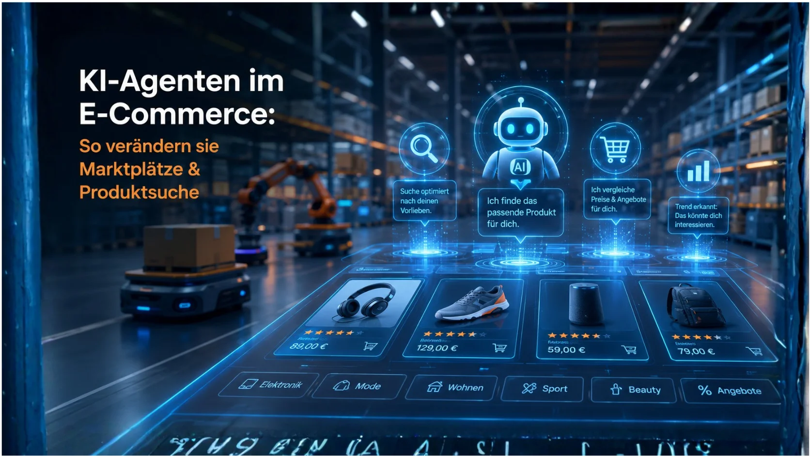 Futuristischer digitaler Marktplatz mit schwebenden KI-Agenten-Icons über Produktkacheln, moderne Logistikhalle mit Robotern im Hintergrund