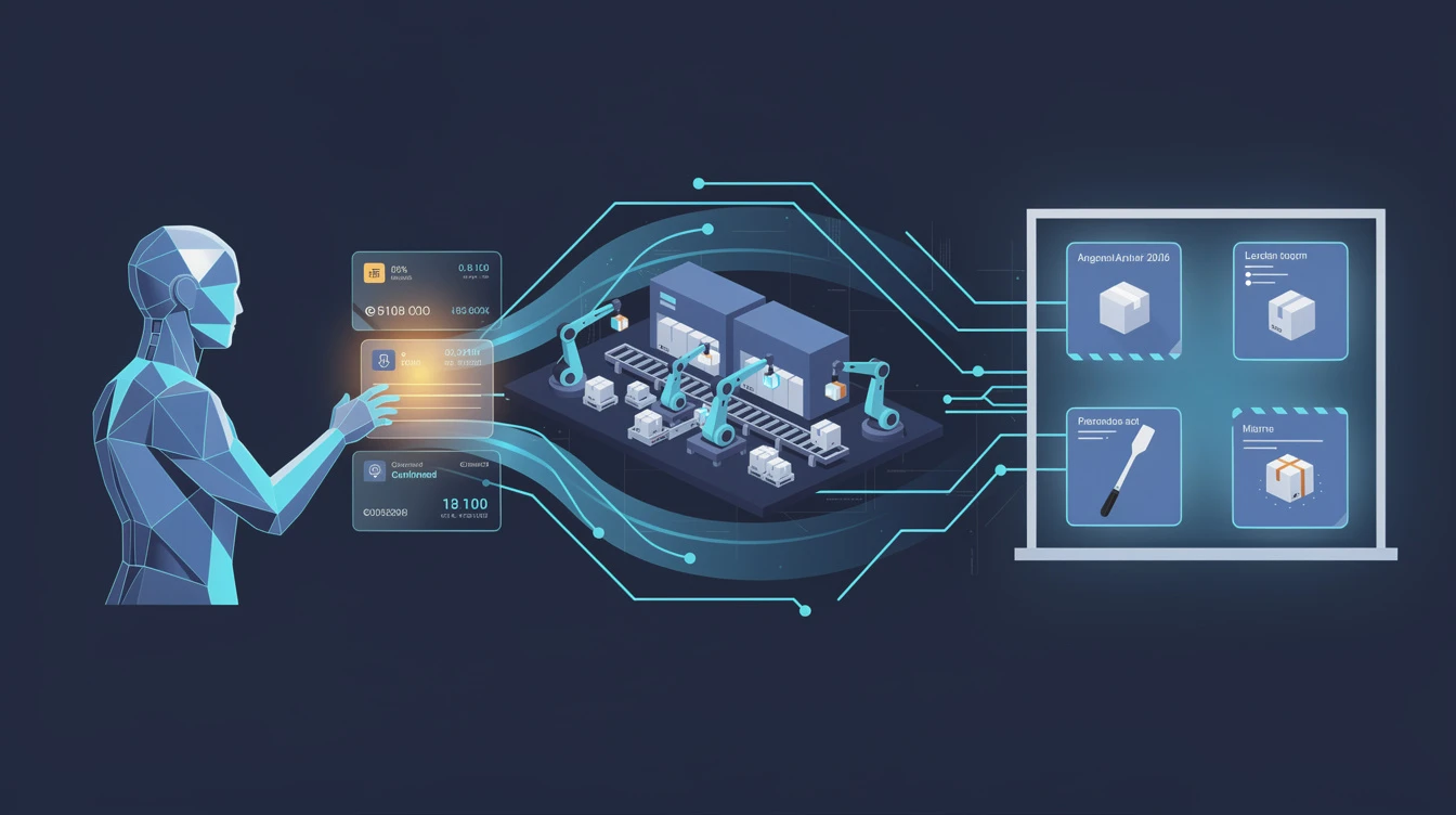 Editorial-Illustration der drei Achsen von Agentic Commerce 2026: KI-Agent links, autonomes Logistikzentrum in der Mitte, personalisierter Shop rechts – verbunden durch cyan leuchtende Datenströme auf navyfarbenem Grund