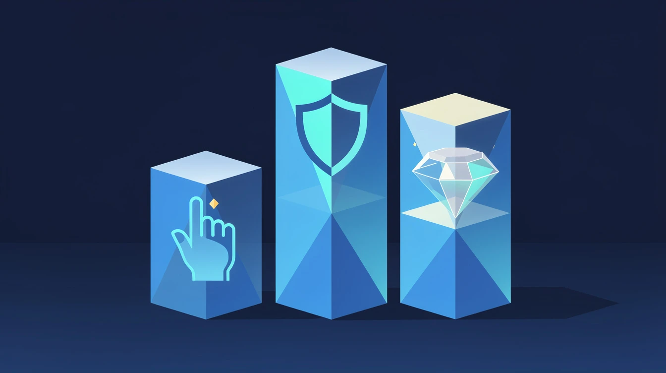 Editorial-Illustration der drei Säulen für KI-Akzeptanz – Bedienung, Sicherheit, Transparenz – als geometrische Pillars in Cyan und Electric Blue auf Navy-Bühne
