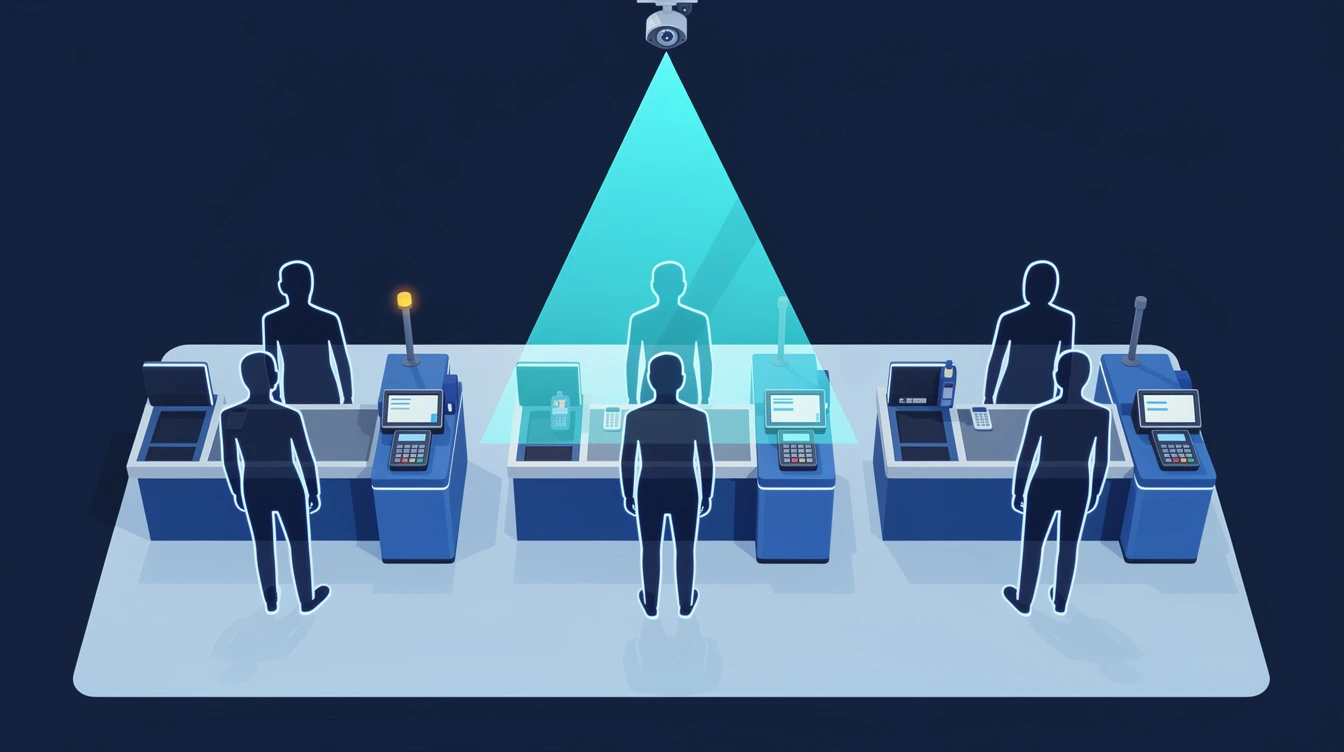 Editorial-Illustration einer Supermarkt-Kassenzone aus der Vogelperspektive: abstrahierte Silhouetten in der Schlange, dezenter cyaner Sensorkegel von der Decke, ein amberfarbener Hinweispunkt – Symbol für lokale, datenschutzkonforme KI im Markt