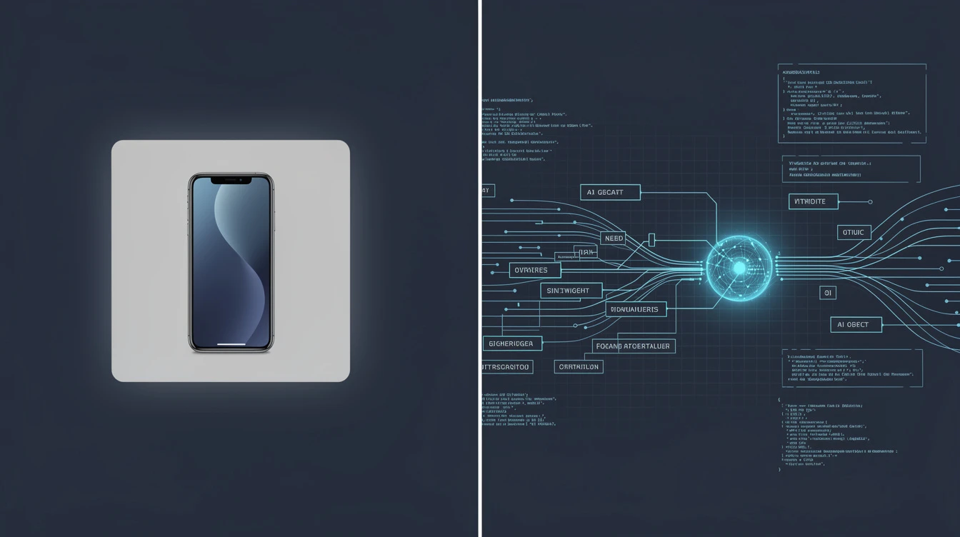 Split-Komposition: links ein glänzendes Produktfoto, rechts zerfällt es in strukturierte Datenströme zu einem KI-Agenten in Navy und Blau