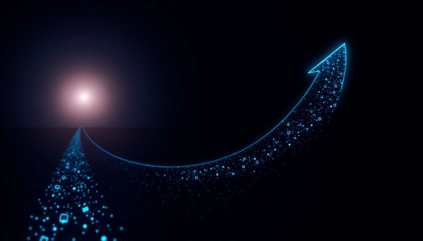 Aufwärts gerichteter Pfeil aus Produkt-Icons und Datenpunkten strebt auf einen hellen Horizont zu, in Navy und Cyan