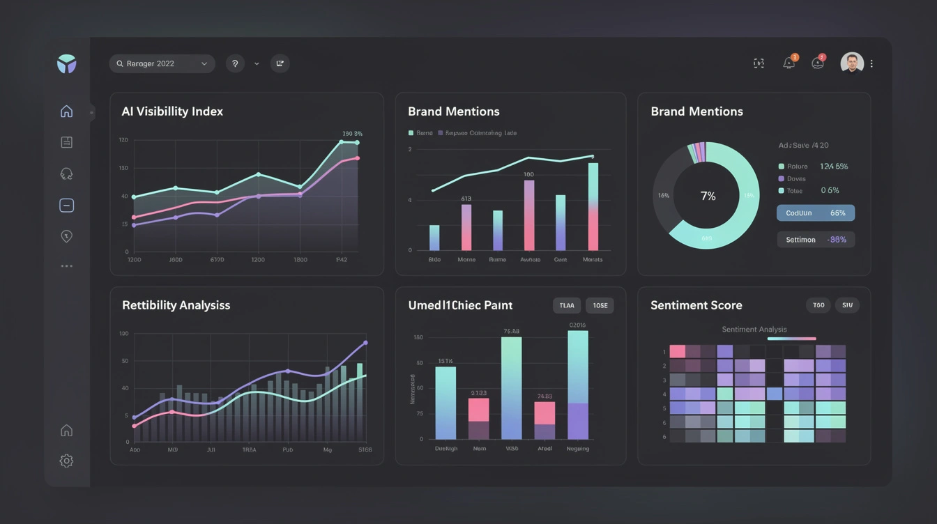 Modernes Analytics-Dashboard mit KI-Sichtbarkeits-Metriken, Brand-Mention-Rates und Sentiment-Analyse-Diagrammen im Dark Mode