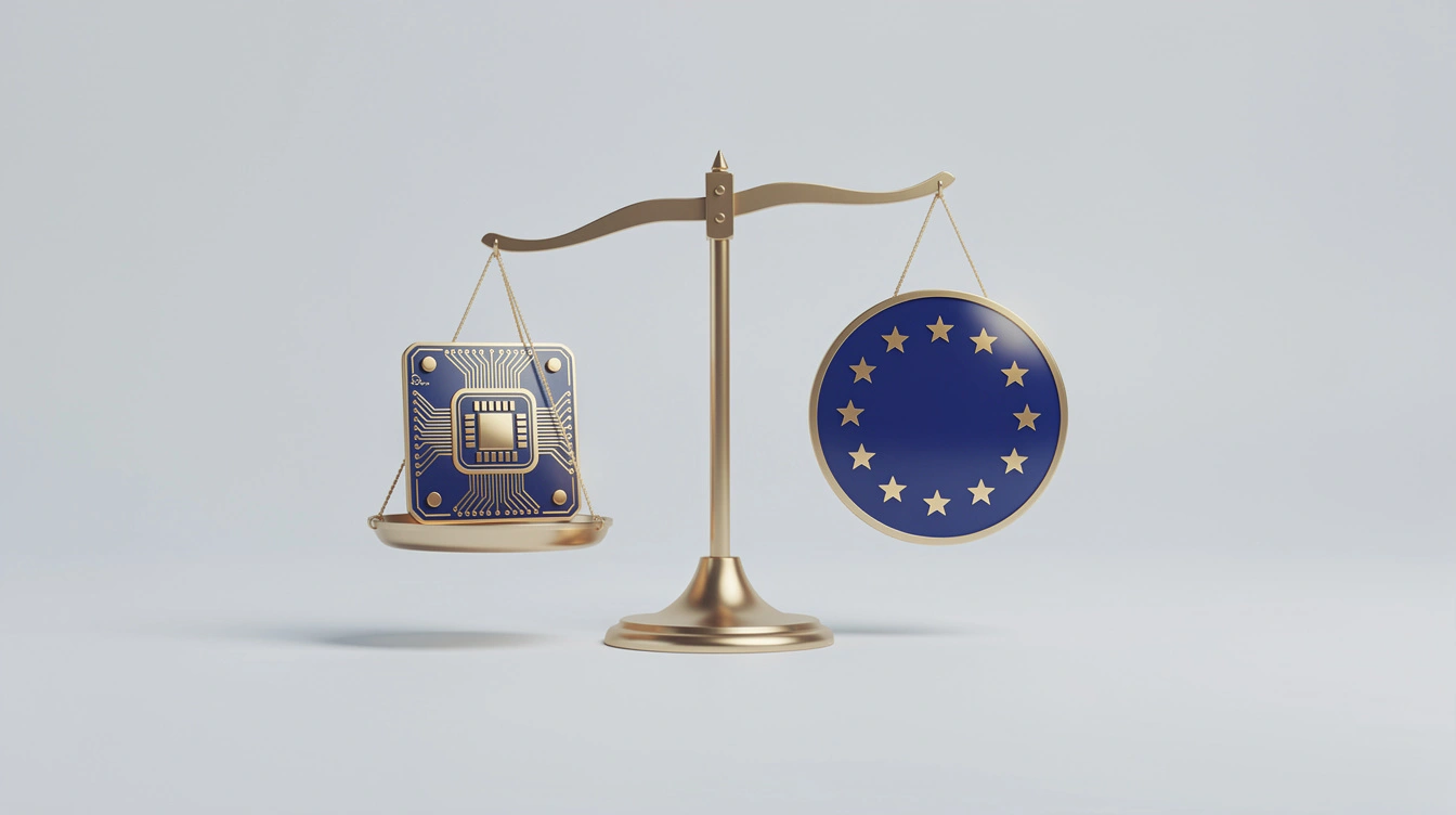 Symbolische Darstellung einer Waage mit KI-Chip auf einer Seite und EU-Sterne-Symbol auf der anderen Seite, minimalistischer Stil