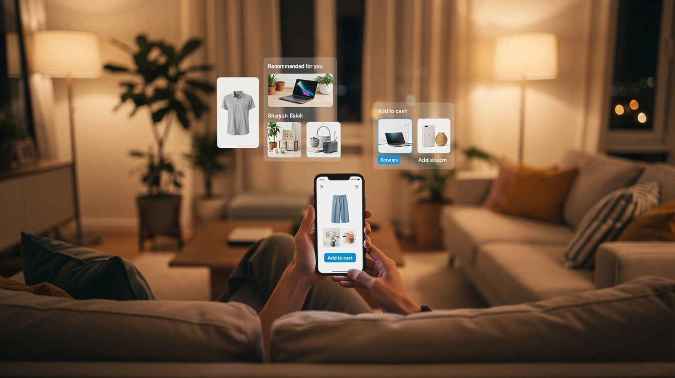 Person sitzt entspannt auf dem Sofa mit Smartphone, während ein KI-Assistent Produktempfehlungen als schwebende Karten visualisiert